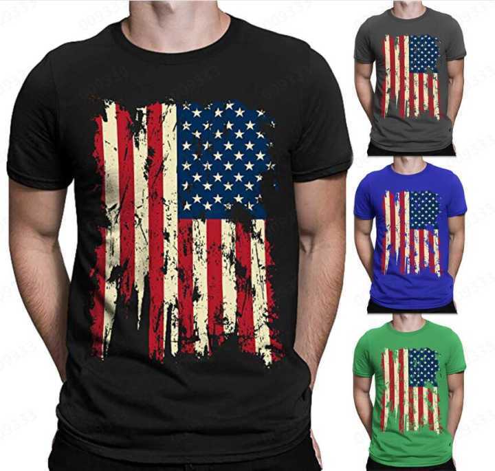 Clothsi Men’s Flag Print T-Shirt – American Independence Day Cotton Blend Tee, Loose Fit Round Neck Short Sleeve Shirt, Casual Summer Patriotic Style Top Clothsi
