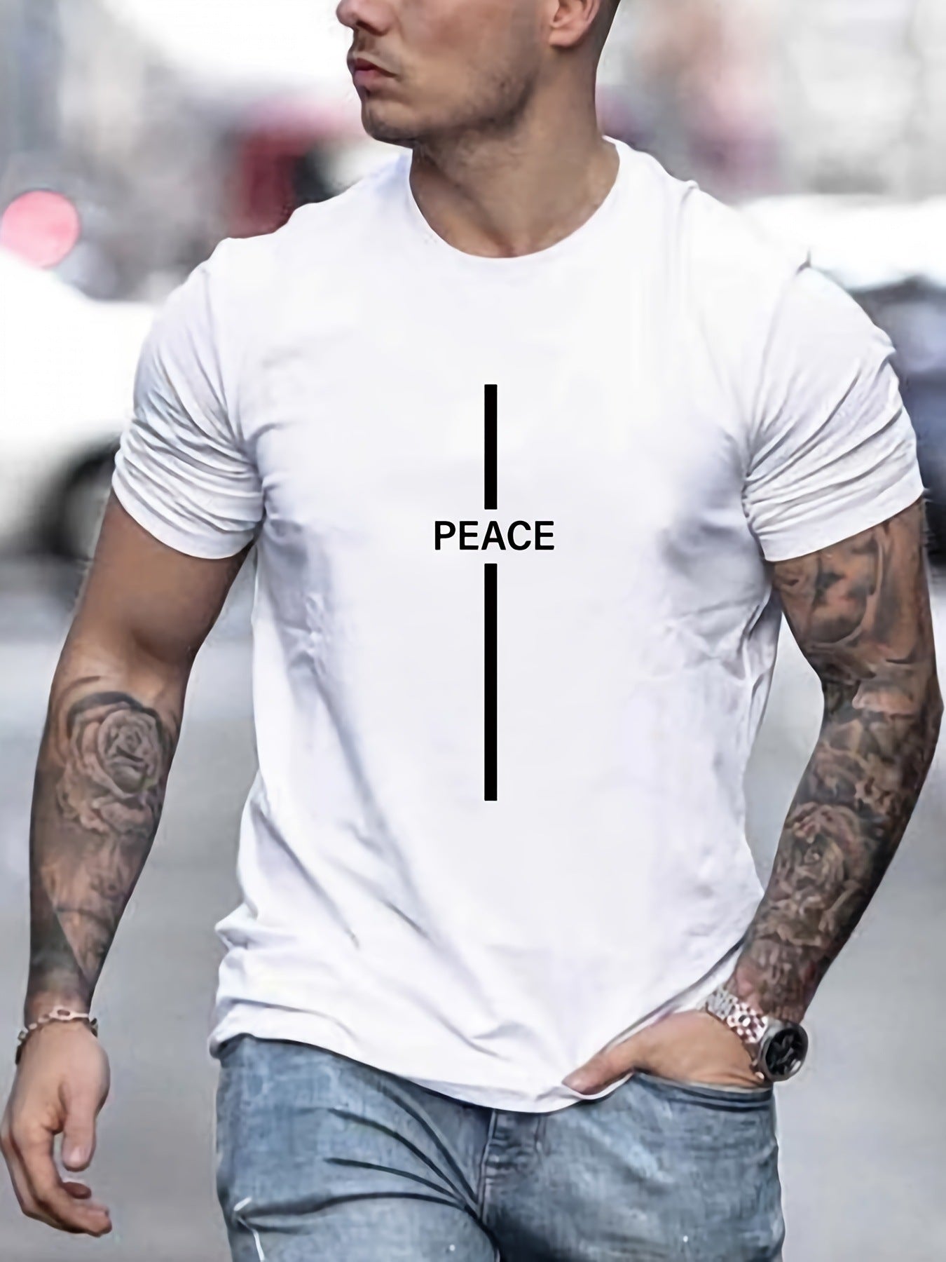 Clothsi Men’s Peace Print T-Shirt – Hip Hop Short Sleeve Tee, Lightweight Polyester Fiber Top with Round Neck, Casual Streetwear Shirt for Everyday Wear