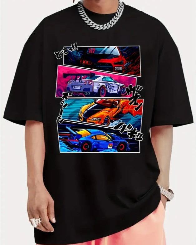 Clothsi Men’s Street Style Car Print T-Shirt – Short-Sleeved Polyester Spandex Tee, Casual Summer Outdoor Sports Top, Lightweight and Stretchy Comfort Fit Clothsi