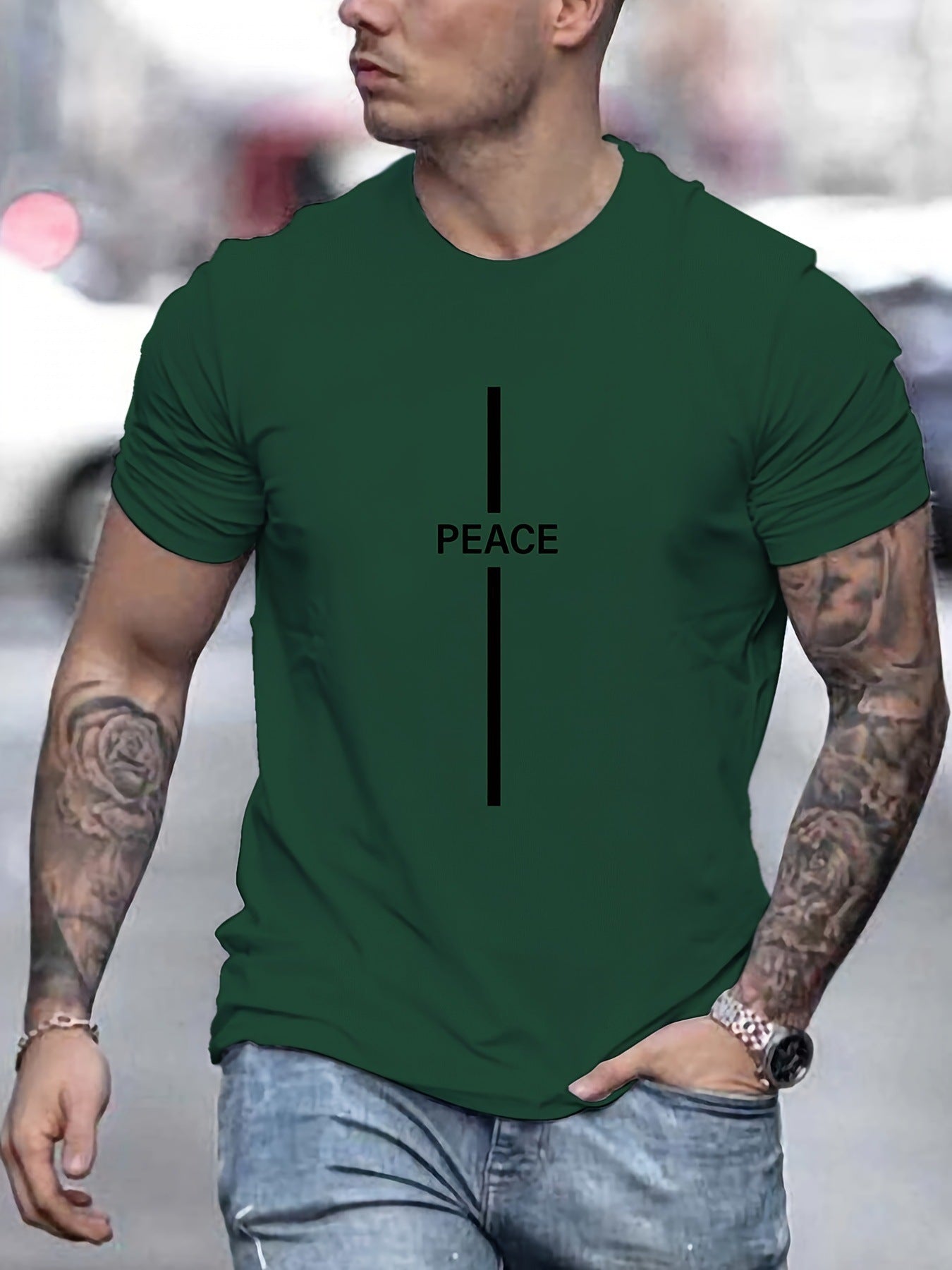 Clothsi Men’s Peace Print T-Shirt – Hip Hop Short Sleeve Tee, Lightweight Polyester Fiber Top with Round Neck, Casual Streetwear Shirt for Everyday Wear